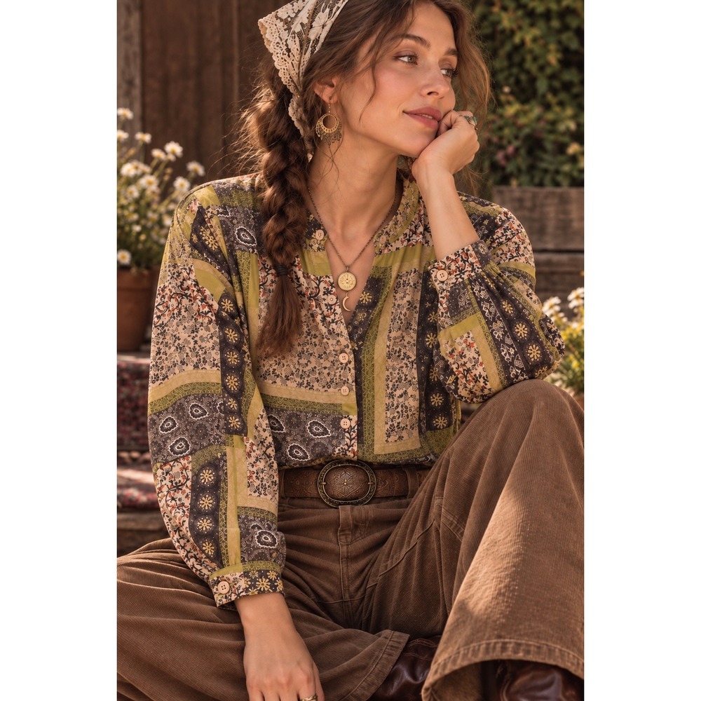 ERIKA Blouse Womens S Paisley Patchwork Button Up Boho Cottagecore Earthy Floral
